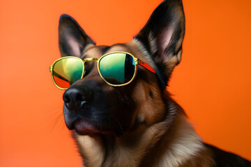 Funny dog wearing sunglasses in studio with a colorful and bright background. Generative AI