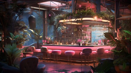 Space Odyssey concept art cocktail cigar bar, plants in glass tubes, hard surface interior environment pink neon lights, sci fi, highly detailed generated with ai