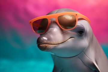 Funny dolphin wearing sunglasses in studio with a colorful and bright background. Generative AI - obrazy, fototapety, plakaty
