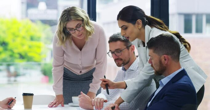 Teamwork or collaboration, colleagues work together and in office at work. Business meeting or workshop, communication or discussion and team of coworkers planning or brainstorming at workplace