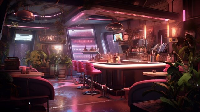Space Odyssey concept art cocktail cigar bar, plants in glass tubes, hard surface interior environment pink neon lights, sci fi, generated with ai