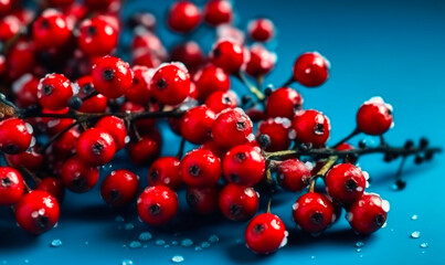 Fototapeta premium beautiful red berries and snowflakes on a blue background