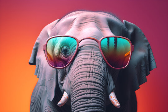 Funny elephant wearing sunglasses in studio with a colorful and bright background. Generative AI