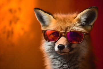 Funny fox wearing sunglasses in studio with a colorful and bright background. Generative AI