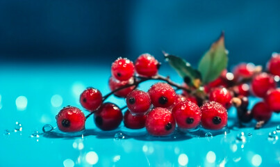 beautiful red berries and snowflakes on a blue background