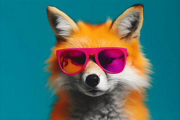 Obraz premium Funny fox wearing sunglasses in studio with a colorful and bright background. Generative AI