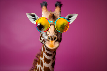 Funny giraffe wearing sunglasses in studio with a colorful and bright background. Generative AI - obrazy, fototapety, plakaty
