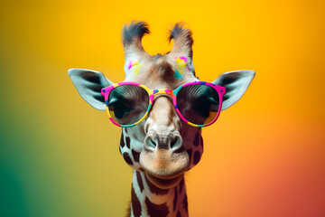 Naklejki  Funny giraffe wearing sunglasses in studio with a colorful and bright background. Generative AI