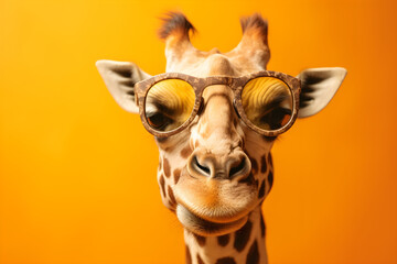 Funny giraffe wearing sunglasses in studio with a colorful and bright background. Generative AI