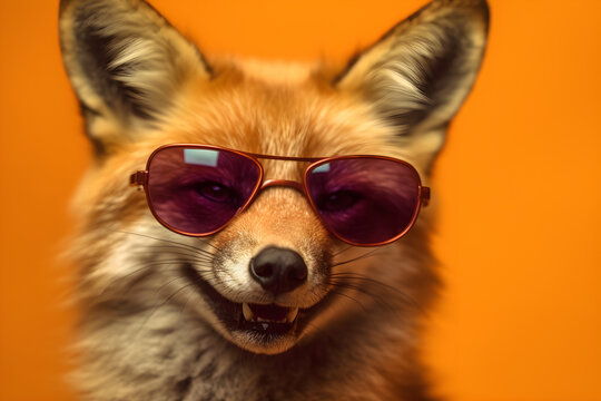 Funny fox wearing sunglasses in studio with a colorful and bright background. Generative AI