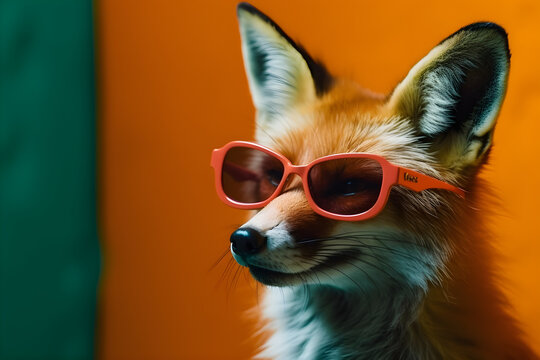 Funny fox wearing sunglasses in studio with a colorful and bright background. Generative AI