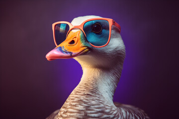 Funny goose wearing sunglasses in studio with a colorful and bright background. Generative AI