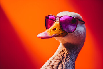 Funny goose wearing sunglasses in studio with a colorful and bright background. Generative AI - obrazy, fototapety, plakaty