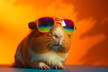 Naklejka premium Funny guinea pig wearing sunglasses in studio with a colorful and bright background. Generative AI