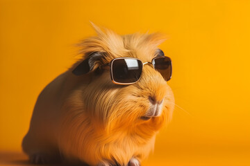 Funny guinea pig wearing sunglasses in studio with a colorful and bright background. Generative AI