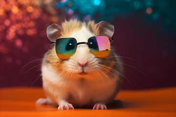 Naklejka premium Funny hamster wearing sunglasses in studio with a colorful and bright background. Generative AI