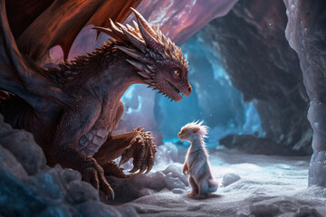 Small cute dragon baby with his mother or father, a fantasy character design. Generative AI illustration	
