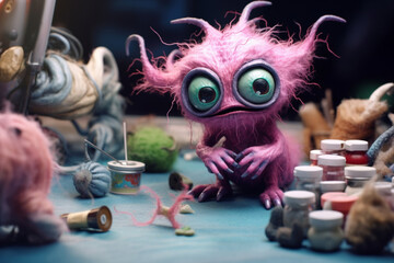 Cute little baby alien monsters working and crafting. Colorful monster aliens children in a workshop. Generative AI illustrations