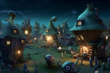 Fantasy fairytale alien monster village at night. Colorful monster alien houses, fantasy amazing design. generative AI illustration	