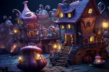 Fantasy fairytale alien monster village at night. Colorful monster alien houses, fantasy amazing design. generative AI illustration	