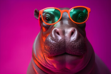 Funny hippopotamus wearing sunglasses in studio with a colorful and bright background. Generative AI
