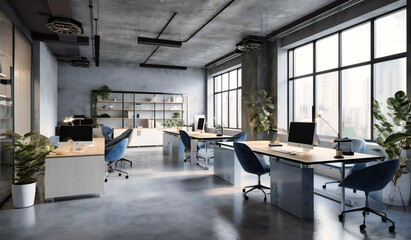 a modern office space is shown with grey and white furniture