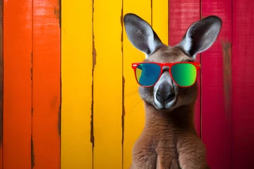 Foto op Plexiglas Funny kangaroo wearing sunglasses in studio with a colorful and bright background. Generative AI © Mihai Zaharia