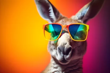 Türaufkleber Funny kangaroo wearing sunglasses in studio with a colorful and bright background. Generative AI © Mihai Zaharia