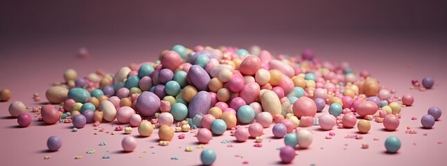 Fototapeta na wymiar color candies strewn across a pink background, generative ai
