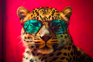 Funny leopard wearing sunglasses in studio with a colorful and bright background. Generative AI
