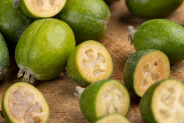 Delicious sweet and sour green feijoa on the table