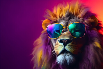 Funny lion wearing sunglasses in studio with a colorful and bright background. Generative AI