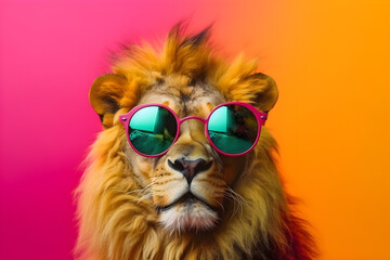 Funny lion wearing sunglasses in studio with a colorful and bright background. Generative AI - obrazy, fototapety, plakaty