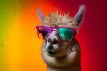 Deurstickers Lama Funny llama wearing sunglasses in studio with a colorful and bright background. Generative AI