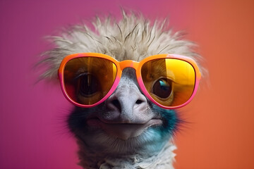 Funny ostrich wearing sunglasses in studio with a colorful and bright background. Generative AI - obrazy, fototapety, plakaty