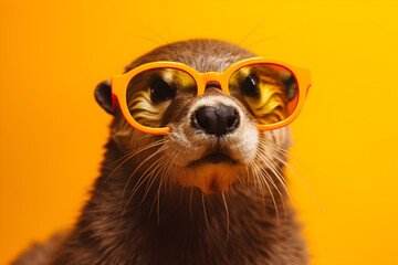 Funny otter wearing sunglasses in studio with a colorful and bright background. Generative AI