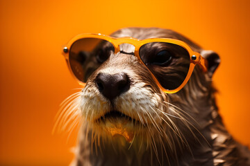 Funny otter wearing sunglasses in studio with a colorful and bright background. Generative AI