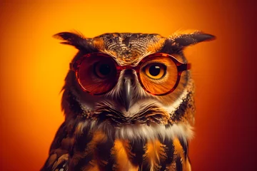 Foto op Plexiglas Funny owl wearing sunglasses in studio with a colorful and bright background. Generative AI © Mihai Zaharia