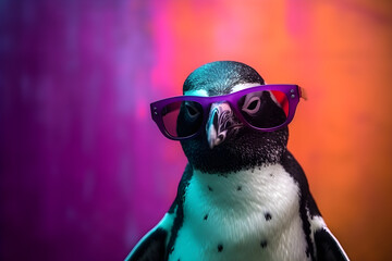 Funny penguin wearing sunglasses in studio with a colorful and bright background. Generative AI - obrazy, fototapety, plakaty
