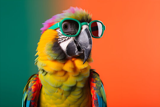 Funny colorful parrot wearing sunglasses in studio with a colorful and bright background. Generative AI