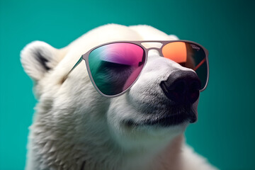 Funny polar bear wearing sunglasses in studio with a colorful and bright background. Generative AI - obrazy, fototapety, plakaty