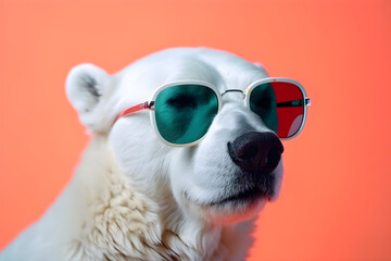 Funny polar bear wearing sunglasses in studio with a colorful and bright background. Generative AI - obrazy, fototapety, plakaty