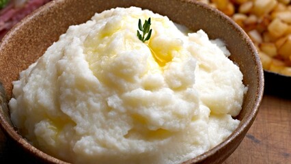 Smooth and Creamy: Top-View Close-up of Mashed Potatoes Served in a Plate