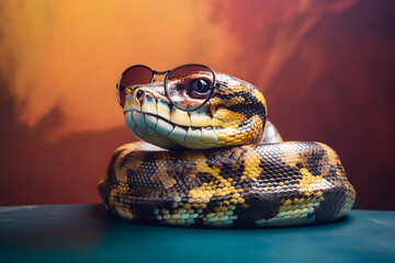 Funny python wearing sunglasses in studio with a colorful and bright background. Generative AI