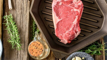 Sizzling Temptation: Top-View Close-up of Raw Steak on a Cast Iron Pan, Ready for Cooking