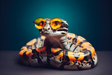 Fototapeta na wymiar Funny python wearing sunglasses in studio with a colorful and bright background. Generative AI