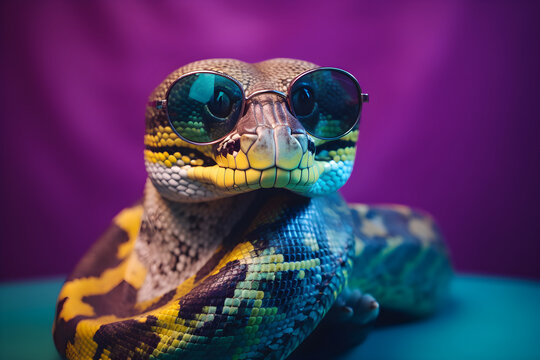Funny python wearing sunglasses in studio with a colorful and bright background. Generative AI