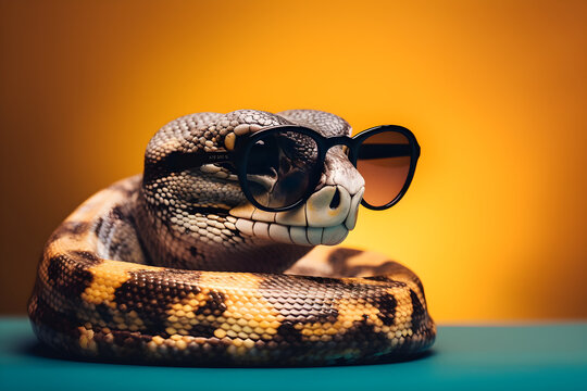 Funny python wearing sunglasses in studio with a colorful and bright background. Generative AI