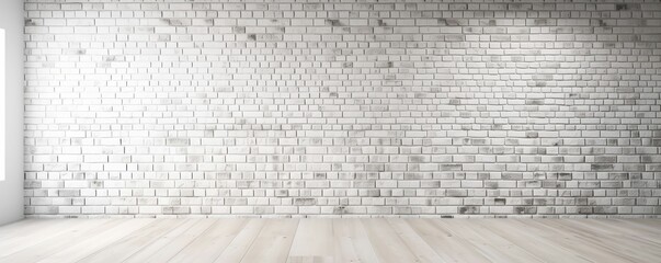 A white brick wall textured background with white wooden floor and light from a window. A.I. generated.
