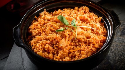 Flavorful Fusion: Tempting Close-up of Fried Rice with Spicy Kimchi